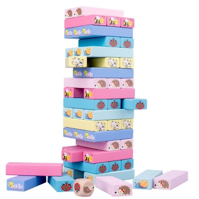 Joc de Societate, Flippy, pentru Copii, din Lemn, Interactiv, Distractiv, Jenga Stack High Blocks, cu Zar, 51 de Piese Animate, 24.5x18x5 cm, Multicolor