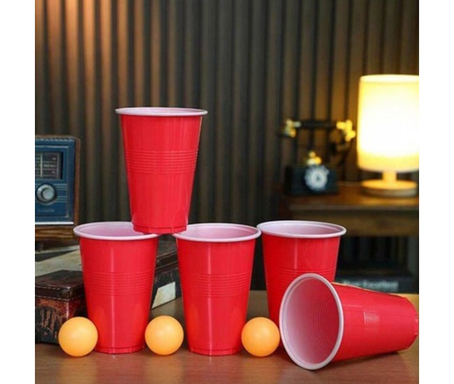 Joc de Baut BEER PONG, Flippy, Set din 24 Mingi de Tenis si 24 Pahare Reutilizabile, Joc Interactiv pentu Adulti, Albastru Portocaliu