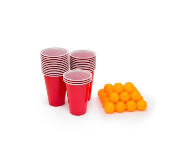 Joc de Baut BEER PONG, Flippy, Set din 24 Mingi de Tenis si 24 Pahare Reutilizabile, Joc Interactiv pentu Adulti, Albastru Portocaliu