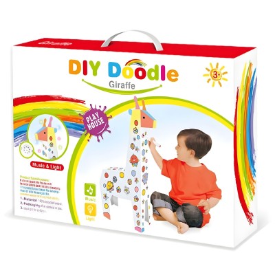 Jucarie Educativa pentru Copii, Flippy, Model Girafa 3D, Set de Asamblat si Colorat din Carton, Puzzle 3D Educativ, 31 x 7.5 x 54 cm, 3+ ani, Alb Multicolor