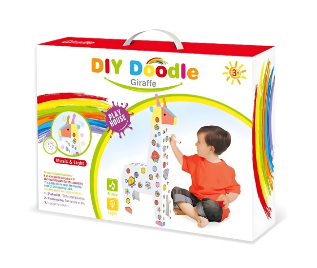 Jucarie Educativa pentru Copii, Flippy, Model Girafa 3D, Set de Asamblat si Colorat din Carton, Puzzle 3D Educativ, 31 x 7.5 x 54 cm, 3+ ani, Alb Multicolor