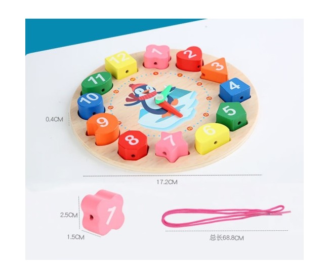 Jucarie Educativa Flippy, Tip Montessori, Model Ceas Pinguin, din Lemn, + 36 Luni, 12 Piese, 17.2 cm, Multicolor