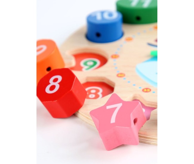 Jucarie Educativa Flippy, Tip Montessori, Model Ceas Pinguin, din Lemn, + 36 Luni, 12 Piese, 17.2 cm, Multicolor