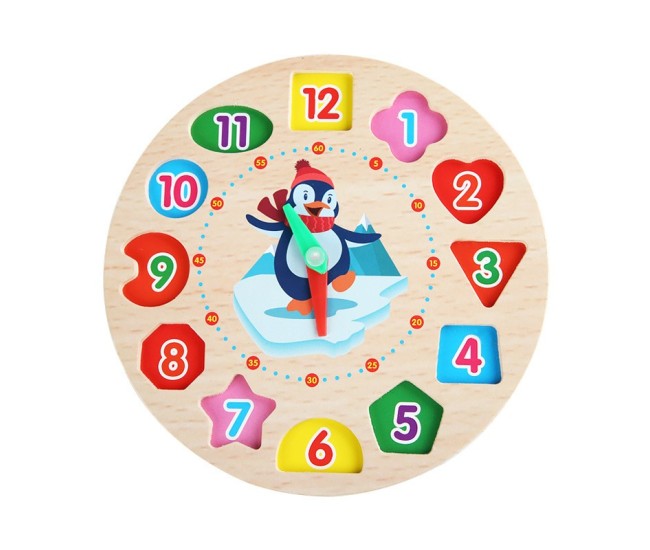 Jucarie Educativa Flippy, Tip Montessori, Model Ceas Pinguin, din Lemn, + 36 Luni, 12 Piese, 17.2 cm, Multicolor