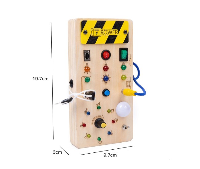Jucarie Educativa Montessori pentru Copii, Flippy, Model Busy Board, Tableta din Lemn cu Circuit Luminos, 36 Comutatoare, Lumini LED, 19,5 x 9,7 x 3 cm, Lemn Natur