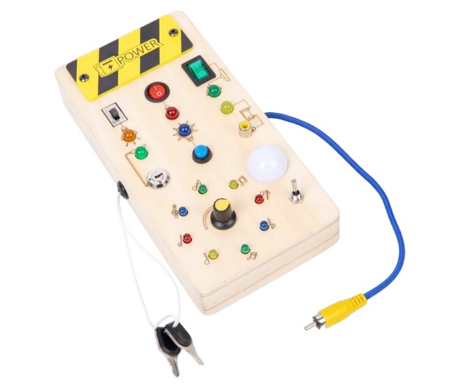 Jucarie Educativa Montessori pentru Copii, Flippy, Model Busy Board, Tableta din Lemn cu Circuit Luminos, 36 Comutatoare, Lumini LED, 19,5 x 9,7 x 3 cm, Lemn Natur