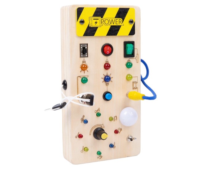 Jucarie Educativa Montessori pentru Copii, Flippy, Model Busy Board, Tableta din Lemn cu Circuit Luminos, 36 Comutatoare, Lumini LED, 19,5 x 9,7 x 3 cm, Lemn Natur