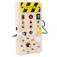 Jucarie Educativa Montessori pentru Copii, Flippy, Model Busy Board, Tableta din Lemn cu Circuit Luminos, 36 Comutatoare, Lumini LED, 19,5 x 9,7 x 3 cm, Lemn Natur
