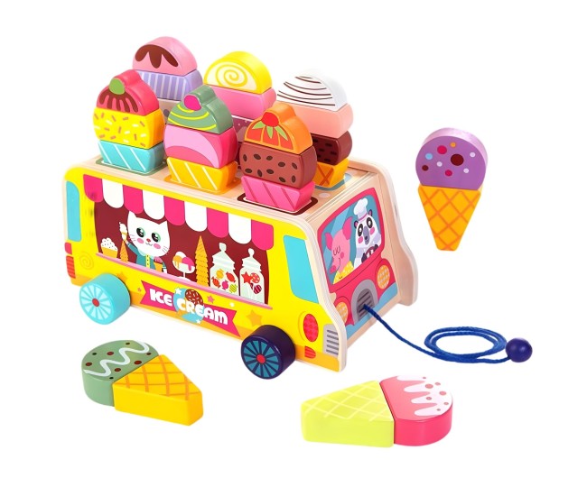 Jucarie Educativa Montessori, Flippy, Model Camion de Inghetata, Sortator Forme, 22 x 11 x 12 cm, 3+ ani, Multicolor