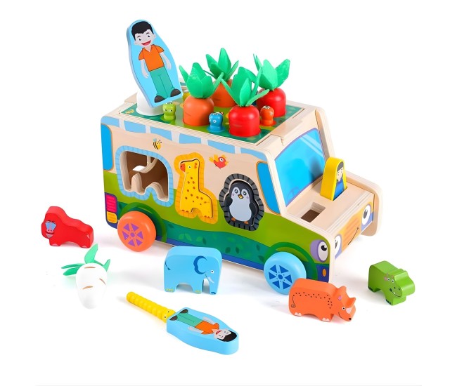 Jucarie Educativa Montessori, Flippy, Model Masinuta Educativa din Lemn 6 in 1, Sortator Forme, 1–3 ani, 23.7 x 17.5 x 12 cm, Multicolor