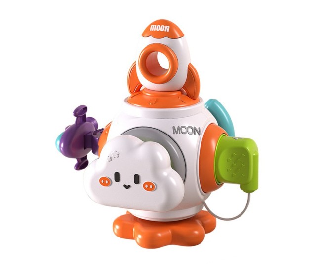 Jucarie interactiva Montessori, Flippy, Jucarie pentru Bebelusi, Model Racheta Spatiala, din Plastic rezistent, Varsta 18+ luni, 15 x 13 x 12 cm, Alb/Portocaliu