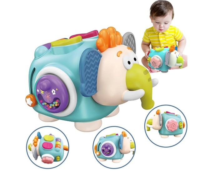 Jucarie interactiva Montessori, Flippy, Jucarie pentru Bebelusi, Model Elefant Dragut, din Plastic rezistent, Varsta 18+ luni, 21 x 16 x 14 cm, Verde deschis