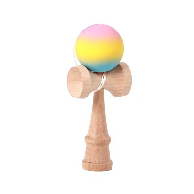 Jucarie Interactiva Kendama, Flippy, din Lemn, 18 cm, Joc de Indemanare pentru Copii si Adulti, Model Gradient 2, Roz/Galben/Albastru