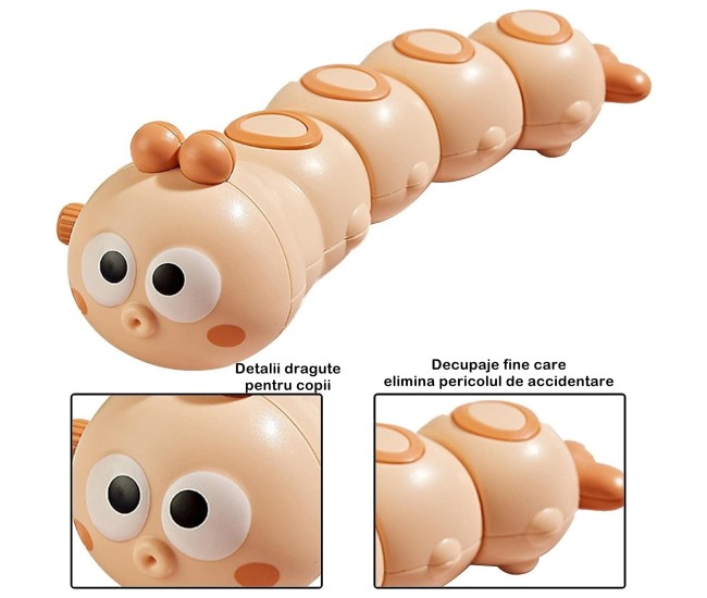 Jucarie mecanica pentru copii Flippy, omida haioasa, cu cheita, distractiva, se taraste, se misca, 15 x 4 cm, portocaliu