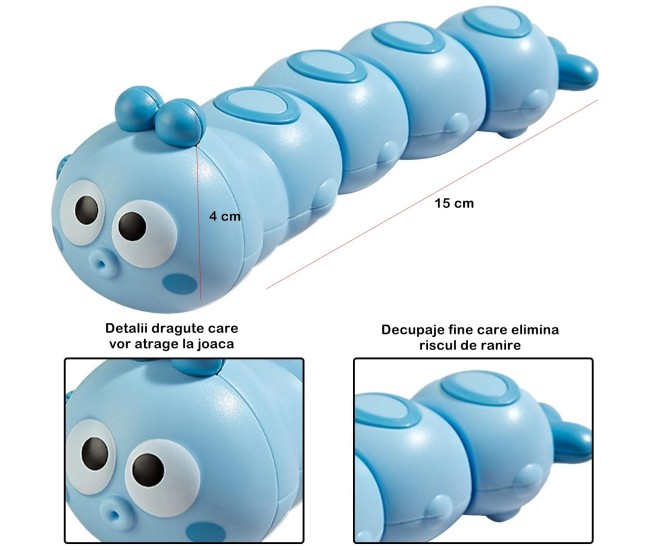 Jucarie mecanica pentru copii Flippy, omida haioasa, material ABS, cu cheita, distractiva, se taraste, se misca, 15 x 4 cm, albastru Jucarie mecanica pentru copii Flippy, omida haioasa, material ABS, cu cheita, distractiva, se taraste, se misca, 15 x 4 cm, albastru