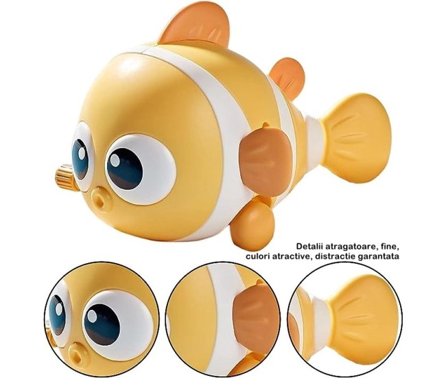 Jucarie mecanica pentru copii Flippy, pestisor haios, cu cheita, distractiv, se taraste, se misca, 11 x 9 x 7.5 cm cm, galben
