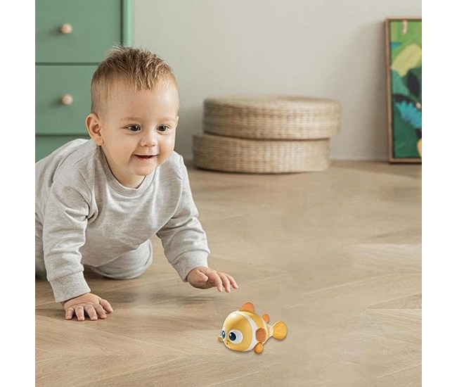 Jucarie mecanica pentru copii Flippy, pestisor haios, cu cheita, distractiv, se taraste, se misca, 11 x 9 x 7.5 cm cm, galben