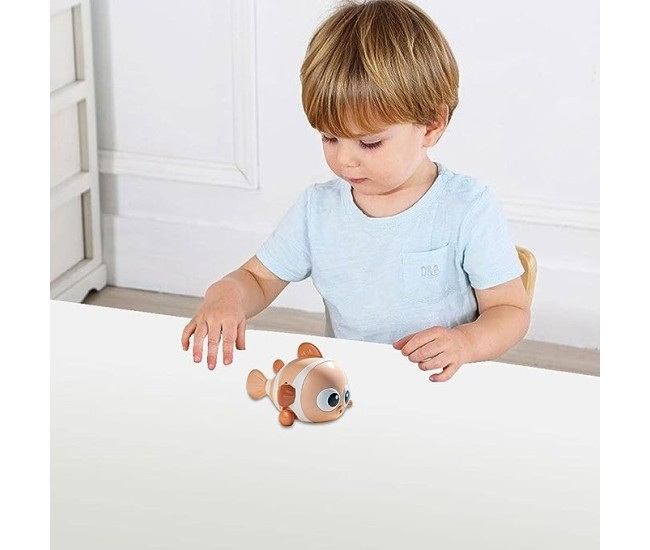 Jucarie mecanica pentru copii Flippy, pestisor haios, cu cheita, distractiv, se taraste, se misca, 11 x 9 x 7.5 cm cm, portocaliu