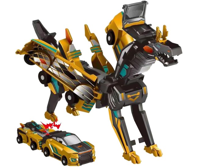 Jucarie Transformabila 2in1, Flippy, Golden Wing Flying Dragon, Masina/Dragon, Atractie Magnetica, +6 Ani, din ABS, Auriu