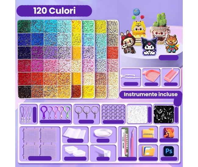 Kit de Margele Perle, Flippy, Set DIY 3D din 120 de Culori, 10000 de piese, Instrumente pentru Margele Incluse, 2.6 mm in cutie, Multicolor