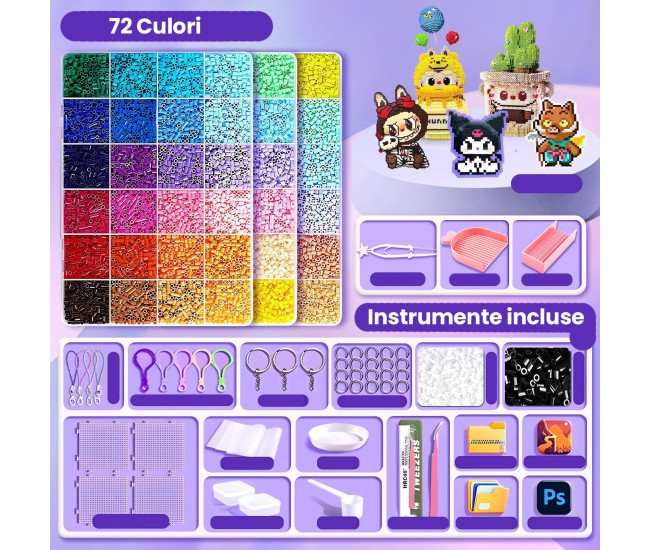 Kit de Margele Perle, Flippy, Set DIY 3D din 72 de Culori, 6000 de piese, Instrumente pentru Margele Incluse, 2.6 mm in cutie, Multicolor