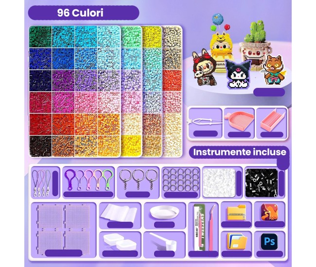 Kit de Margele Perle, Flippy, Set DIY 3D din 96 de Culori, 8000 de piese, Instrumente pentru Margele Incluse, 2.6 mm in cutie, Multicolor Kit de Margele Perle, Flippy, Set DIY 3D din 96 de Culori, 8000 de piese, Instrumente pentru Margele Incluse, 2.6 mm in cutie, Multicolor