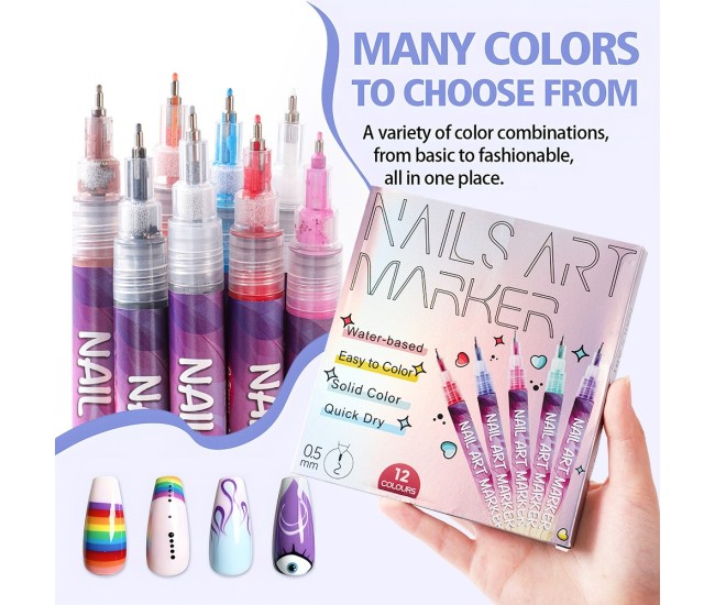 Kit Nail Art, Flippy, Set 12 Markere Acrilice Pentru Unghii, Varf Ultra Fin 0.5 mm, 13 x 10 cm, Multicolor