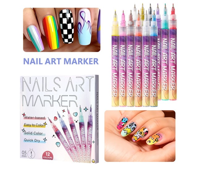 Kit Nail Art, Flippy, Set 12 Markere Acrilice Pentru Unghii, Varf Ultra Fin 0.5 mm, 13 x 10 cm, Multicolor