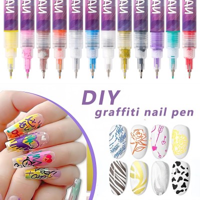 Kit Nail Art, Flippy, Set 12 Markere Acrilice Pentru Unghii, Varf Ultra Fin 0.5 mm, 13 x 10 cm, Multicolor