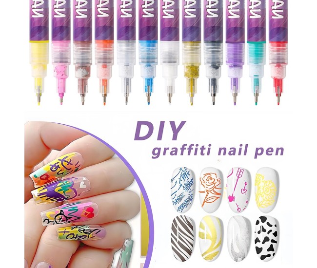 Kit Nail Art, Flippy, Set 12 Markere Acrilice Pentru Unghii, Varf Ultra Fin 0.5 mm, 13 x 10 cm, Multicolor