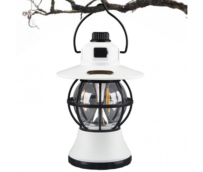 Lampă de camping retro portabilă, Felinar Vintage LED ABS, Acumulator inclus 1200 mAh, reincarcabila, 20 cm inaltime, 3 moduri de iluminare, intensitate reglabila,Lampa portabila pentru cort în aer liber, Alb