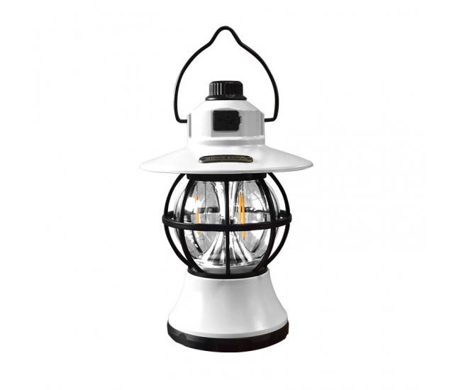 Lampă de camping retro portabilă, Felinar Vintage LED ABS, Acumulator inclus 1200 mAh, reincarcabila, 20 cm inaltime, 3 moduri de iluminare, intensitate reglabila,Lampa portabila pentru cort în aer liber, Alb