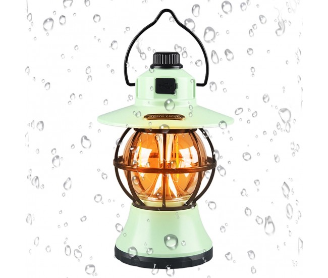 Lampă de camping retro portabilă, Felinar Vintage LED ABS,  Acumulator inclus 1200 mAh, reincarcabila, 3 moduri de iluminare, intensitate reglabila,Lampa portabila pentru cort în aer liber,  Mint