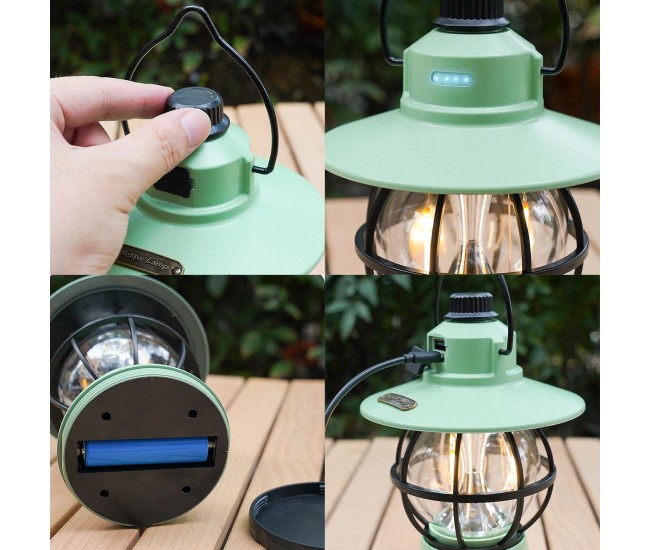 Lampă de camping retro portabilă, Felinar Vintage LED ABS,  Acumulator inclus 1200 mAh, reincarcabila, 3 moduri de iluminare, intensitate reglabila,Lampa portabila pentru cort în aer liber,  Mint
