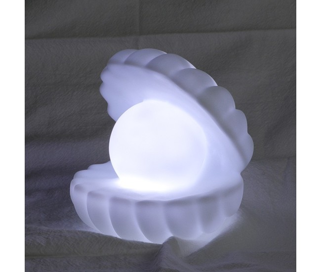 Lampa de Veghe, Flippy, Model Scoica cu Perla, Lumina Alb Rece, 10 x 8.5 cm, Led, Baterii Incluse 3 x LR44, Alb