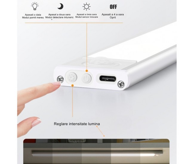 Lampa LED cu Senzor de Lumina si Miscare 20 cm Flippy, Intensitate Reglabila, Suport Magnetic, 34 LED-uri, 71.49lm , Acumulator 450mAh cu Reincarcare prin USB-C, pentru Bucatarie, Hol, Dressing, Garaj Lampa LED cu Senzor de Lumina si Miscare 20 cm Flippy, Intensitate Reglabila, Suport Magnetic, 34 LED-uri, 71.49lm , Acumulator 450mAh cu Reincarcare prin USB-C, pentru Bucatarie, Hol, Dressing, Garaj