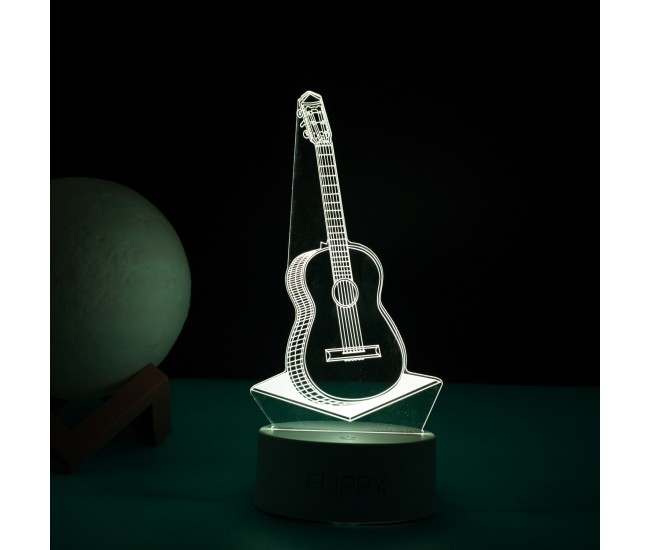 Lampa LED decorativa, Flippy, 3D, Chitara, din material acril si lumina multicolora, alb