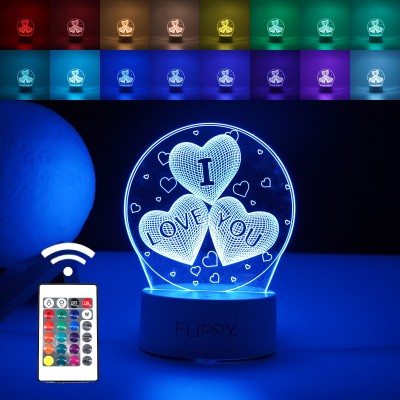 Lampa LED decorativa, Flippy, 3D, cu text I love you, doua moduri de alimentare USB si baterii, 20 cm inaltime, din material acril si lumina multicolora, alb