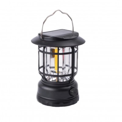 Lampa portabila camping, Felinar Vintage, ABS, Iluminare 30 COB LED, Intensitate reglabila, Acumulator inclus, Incarcare Solara si USB, 5W, Flippy, Negru Lampa portabila camping, Felinar Vintage, ABS, Iluminare 30 COB LED, Intensitate reglabila, Acumulator inclus, Incarcare Solara si USB, 5W, Flippy, Negru