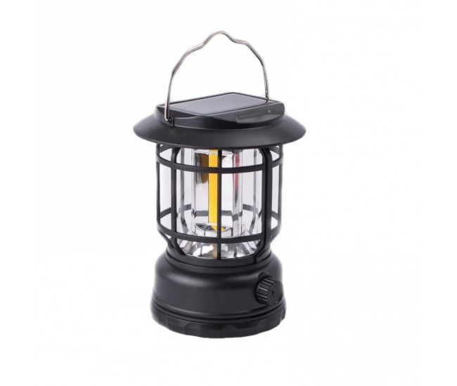 Lampa portabila camping, Felinar Vintage, ABS, Iluminare 30 COB LED, Intensitate reglabila, Acumulator inclus, Incarcare Solara si USB, 5W, Flippy, Negru