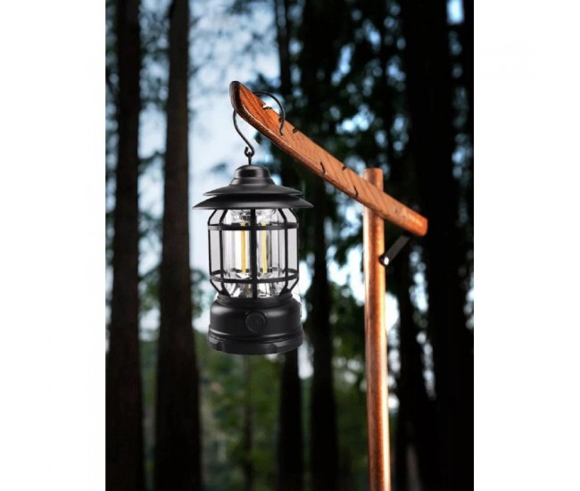 Lampa portabila camping, Felinar Vintage cu carlig, ABS, Iluminare 21 COB LED, Intensitate reglabila, 5W, Flippy, Negru