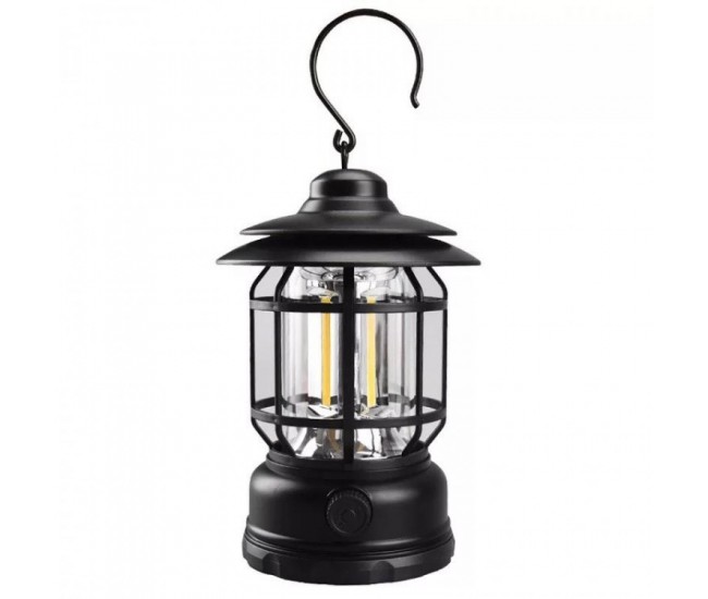 Lampa portabila camping, Felinar Vintage cu carlig, ABS, Iluminare 21 COB LED, Intensitate reglabila, 5W, Flippy, Negru