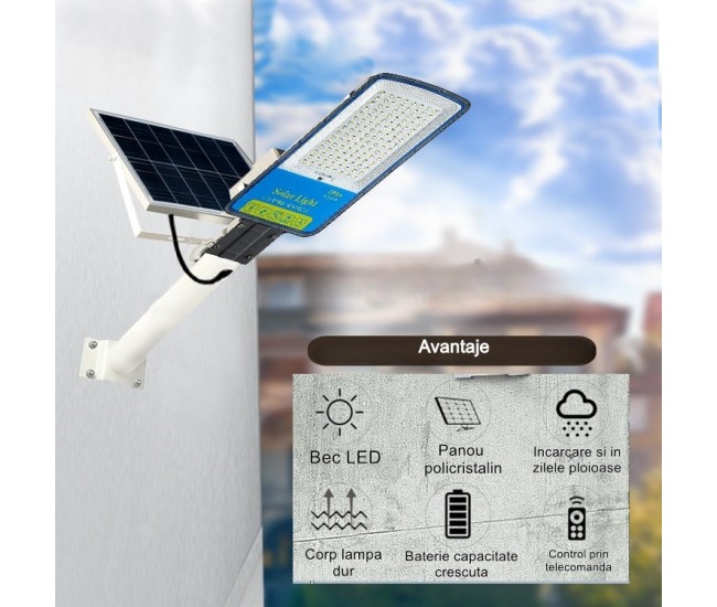 Lampa solara stradala Flippy, IP66, senzor de lumina, 240 LED-uri SMD, 3200 lm, panou 35W, putere 400W, autonomie 12-16 ore, telecomanda, montare prin fixare, pentru strada sau gradina, finisaj mat, material ABS, 49 x 21 x 5.5 cm, gri Lampa solara stradala Flippy, IP66, senzor de lumina, 240 LED-uri SMD, 3200 lm, panou 35W, putere 400W, autonomie 12-16 ore, telecomanda, montare prin fixare, pentru strada sau gradina, finisaj mat, material ABS, 49 x 21 x 5.5 cm, gri