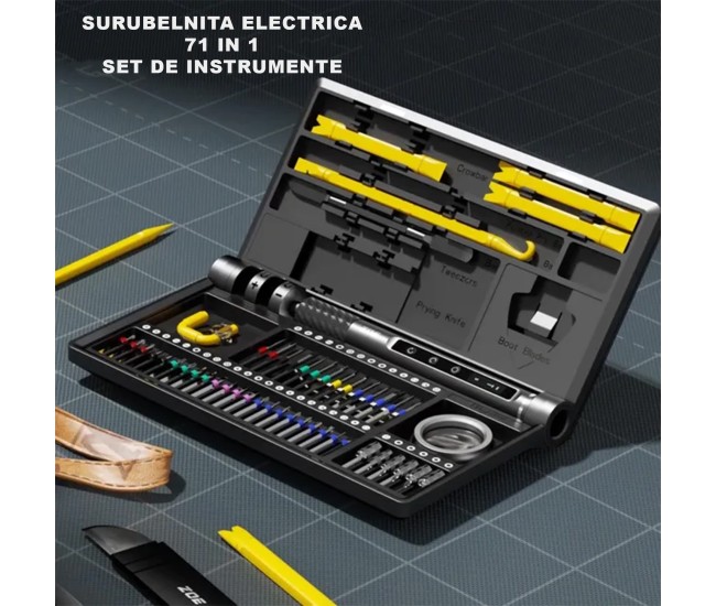 Surubelnita Profesionala Electrica, Flippy, Multifunctionala, Reancarcabila USB, Luminare LED, Kit 71 in 1, Set Complet cu Biti Torx, Phillips, Hex, Pentalobe, 21.4 x 12.4 cm, Negru