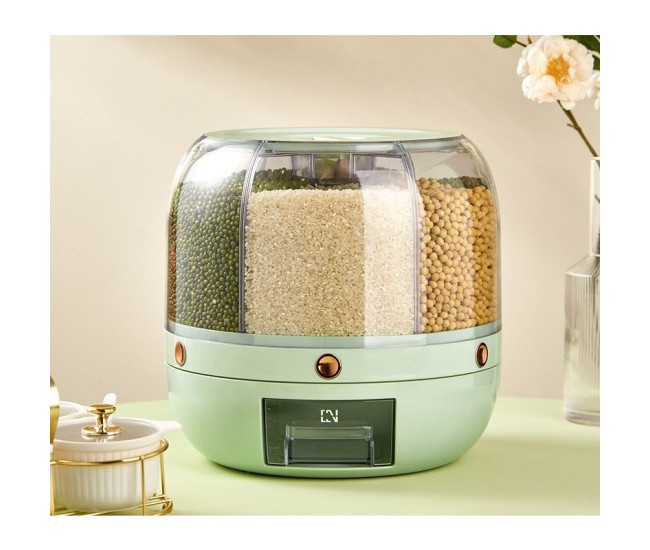 Dozator de cereale Flippy, rotativ 360, 6 compartimente, capacitate 6 L, rezistent la umezeala, inchidere etansa, verde deschis Dozator de cereale Flippy, rotativ 360, 6 compartimente, capacitate 6 L, rezistent la umezeala, inchidere etansa, verde deschis