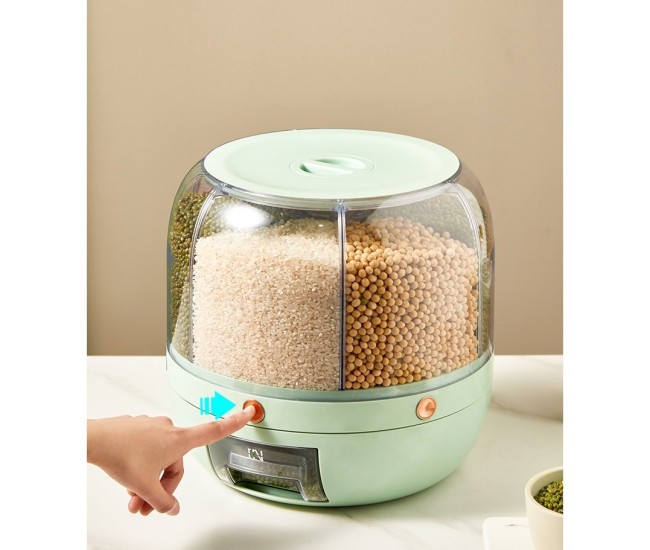 Dozator de cereale Flippy, rotativ 360, 6 compartimente, capacitate 6 L, rezistent la umezeala, inchidere etansa, verde deschis Dozator de cereale Flippy, rotativ 360, 6 compartimente, capacitate 6 L, rezistent la umezeala, inchidere etansa, verde deschis