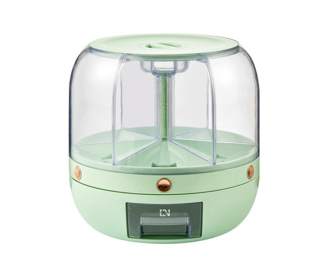 Dozator de cereale Flippy, rotativ 360, 6 compartimente, capacitate 6 L, rezistent la umezeala, inchidere etansa, verde deschis Dozator de cereale Flippy, rotativ 360, 6 compartimente, capacitate 6 L, rezistent la umezeala, inchidere etansa, verde deschis