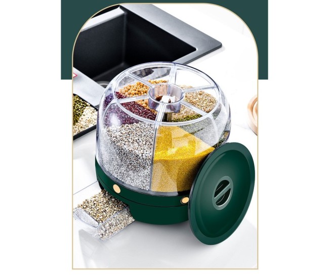 Dozator de cereale Flippy, rotativ 360, 6 compartimente, capacitate 6 L, rezistent la umezeala, inchidere etansa, verde Dozator de cereale Flippy, rotativ 360, 6 compartimente, capacitate 6 L, rezistent la umezeala, inchidere etansa, verde