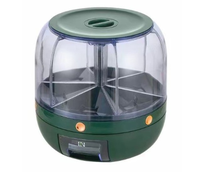 Dozator de cereale Flippy, rotativ 360, 6 compartimente, capacitate 3 L, rezistent la umezeala, inchidere etansa, verde inchis Dozator de cereale Flippy, rotativ 360, 6 compartimente, capacitate 3 L, rezistent la umezeala, inchidere etansa, verde inchis