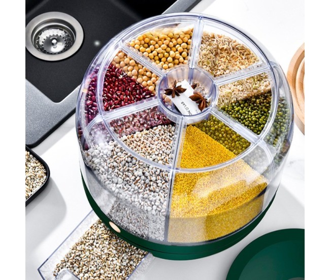 Dozator de cereale Flippy, rotativ 360, 6 compartimente, capacitate 3 L, rezistent la umezeala, inchidere etansa, verde inchis Dozator de cereale Flippy, rotativ 360, 6 compartimente, capacitate 3 L, rezistent la umezeala, inchidere etansa, verde inchis